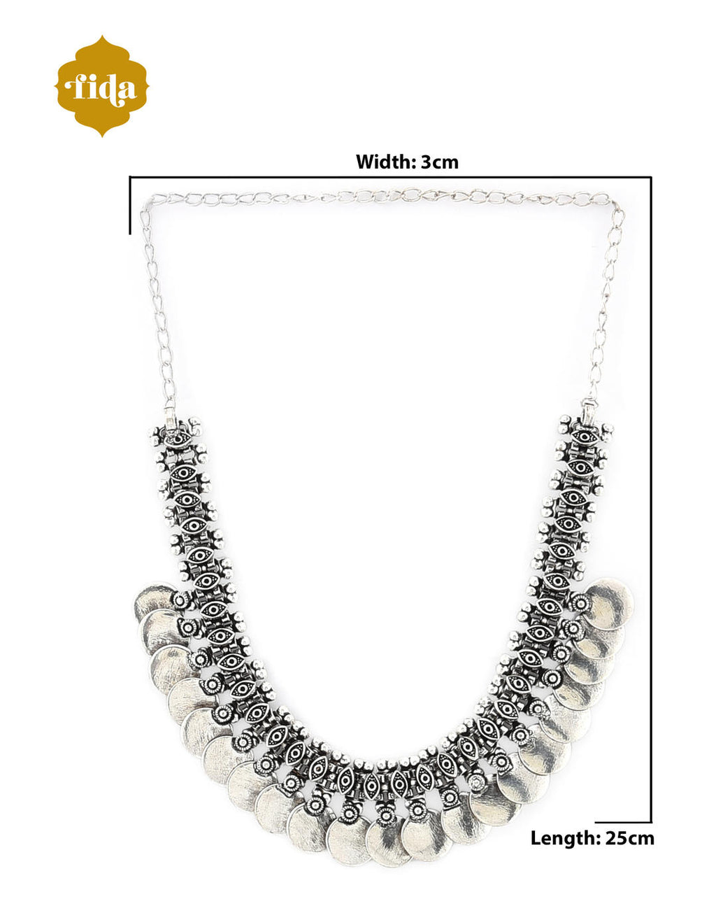 A silver-colored vintage coins choker necklace with dimensions