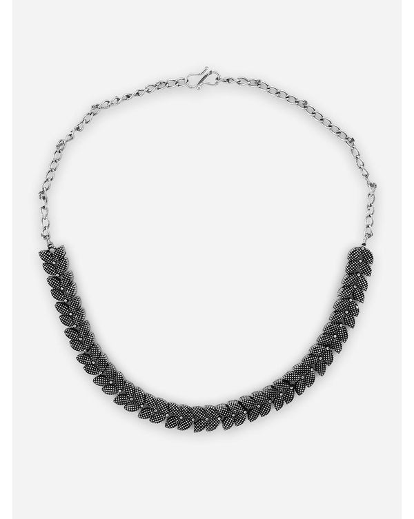 Oxidized silver-plated necklace with textured leaf motifs and matching jhumka earrings featuring pearl bead detailing – ethnic jewellery set
