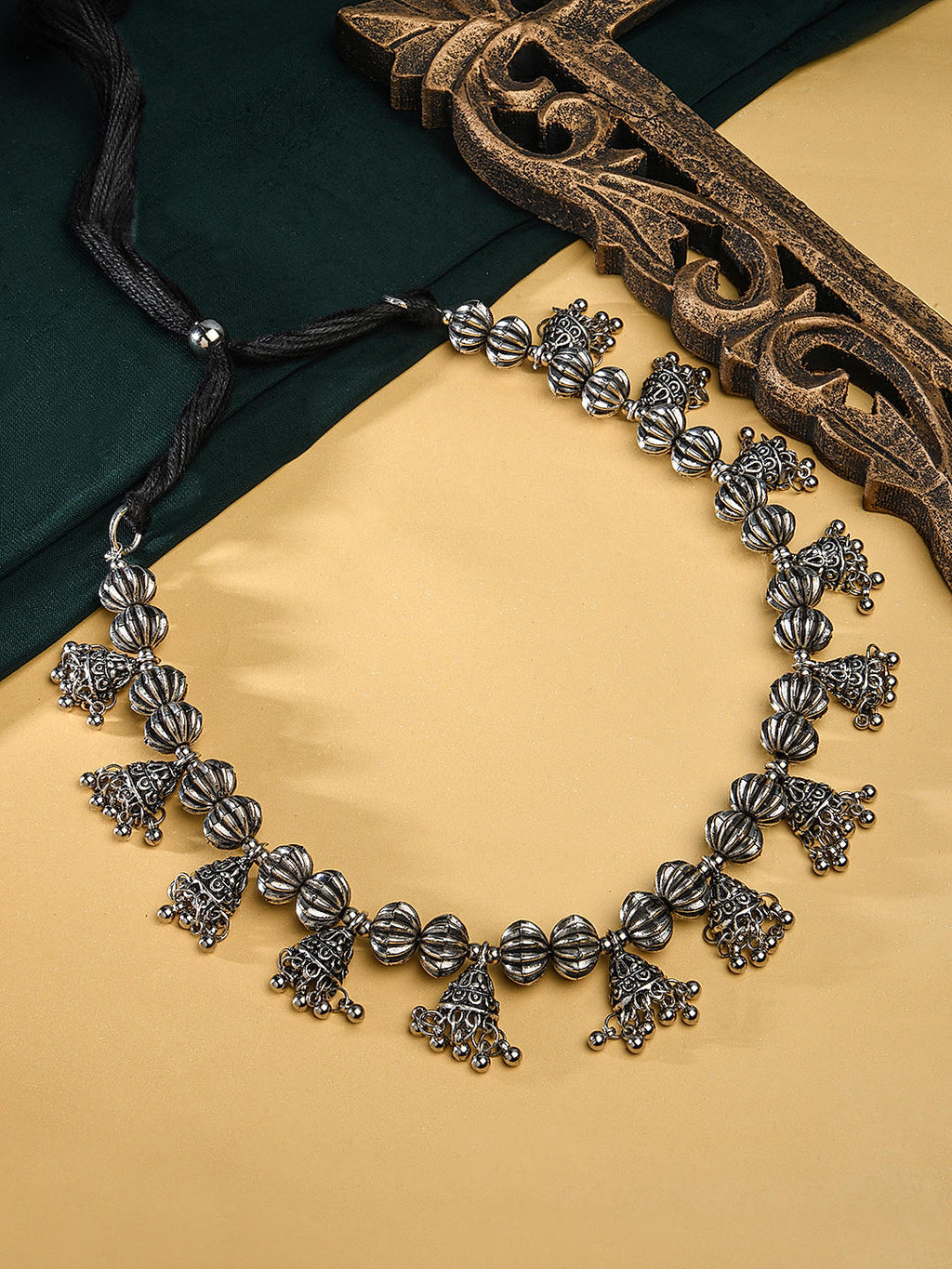 Fida Ethnic Silver Plated Oxidised Jhumka Drop Necklace For Women
