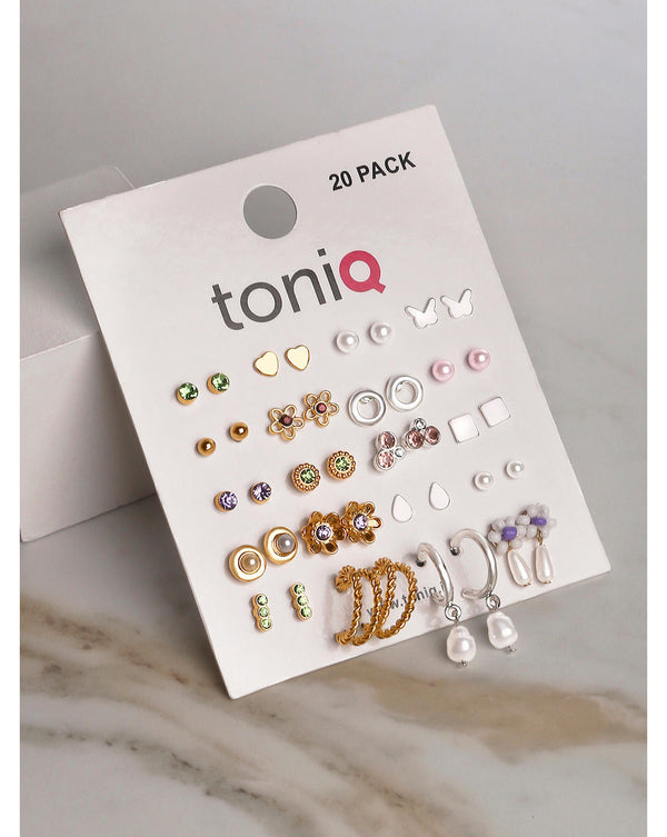 A set of 20 gold-plated floral stud earrings by ToniQ displayed on a card, with various designs featuring artificial stones and beads.