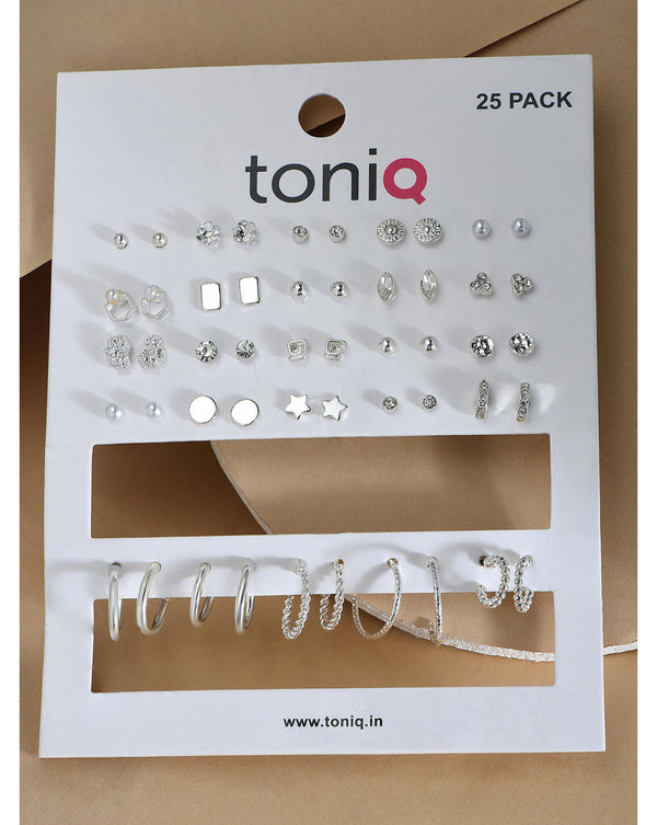 A set of 25 silver plated hoop and studs earrings by Toniq, displayed on a white card with the brand name and website link.