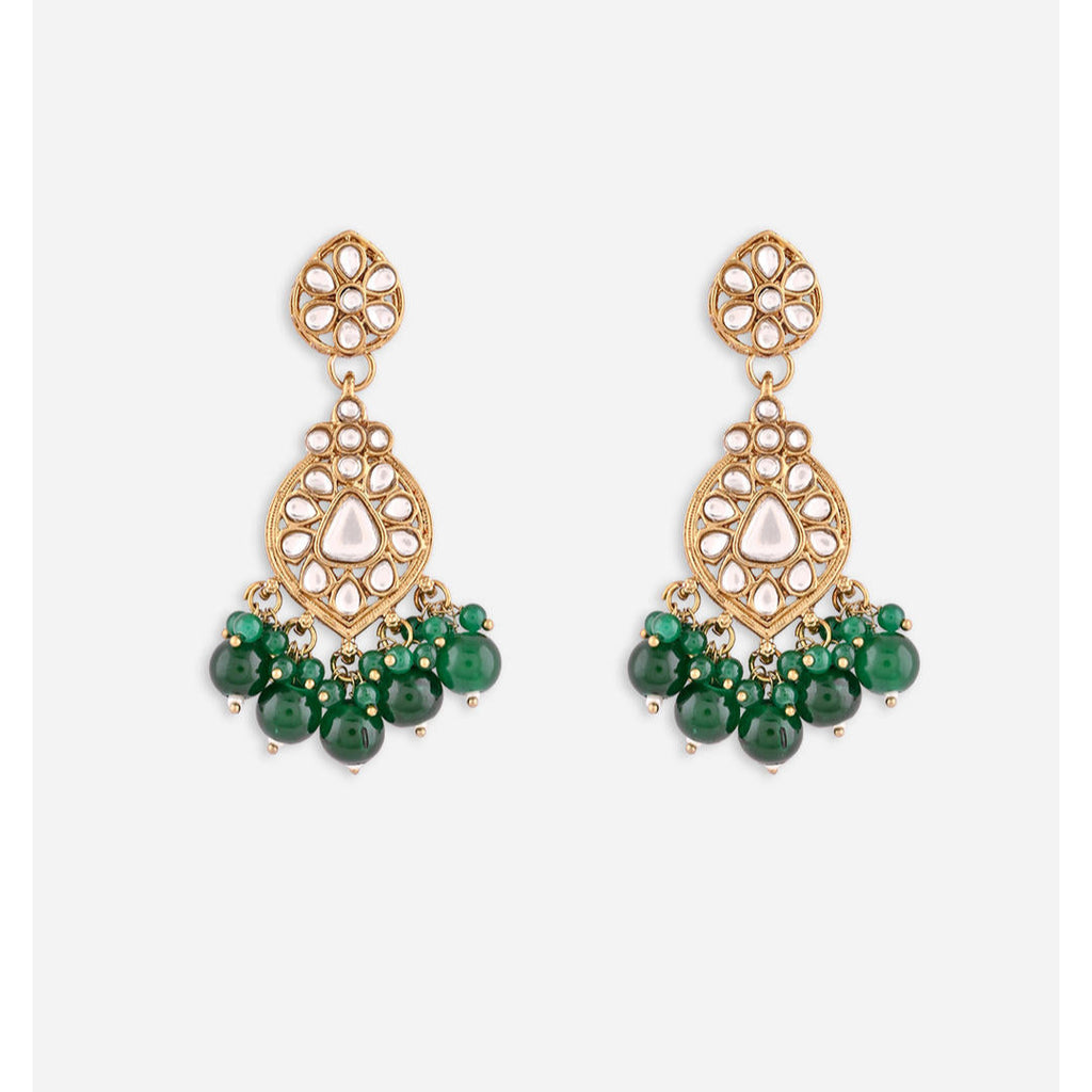 A pair of gold-plated dark green kundan pearl drop earrings for women.