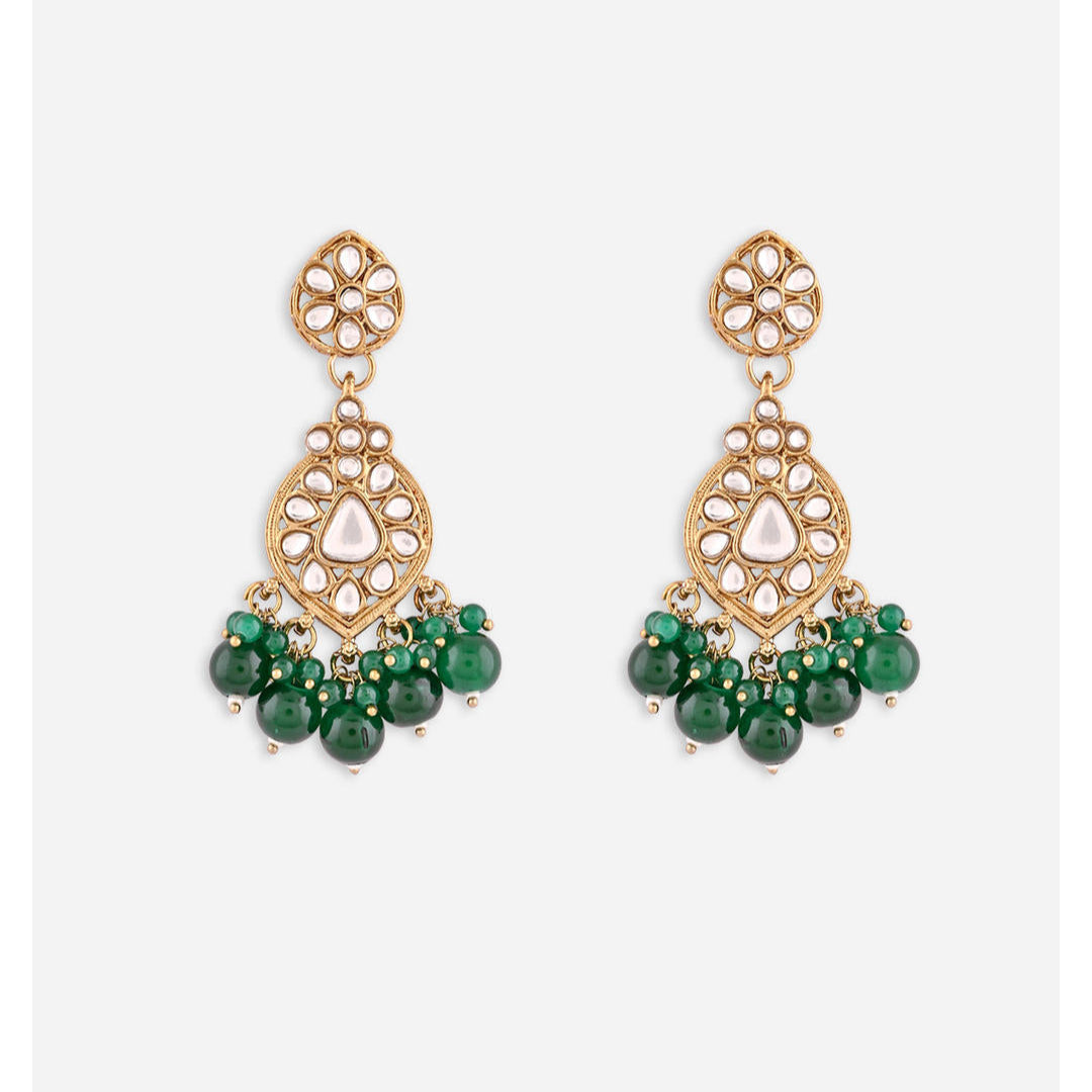 A pair of gold-plated dark green kundan pearl drop earrings for women.