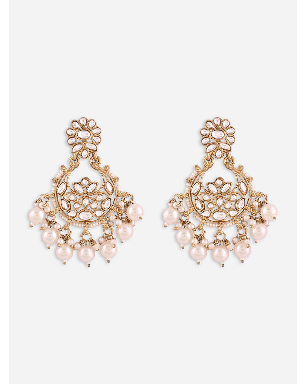 Ivory Kundan Chandbali Earrings with white kundan stones and ivory pearl drops on gold plated base, handcrafted ethnic wedding jewellery