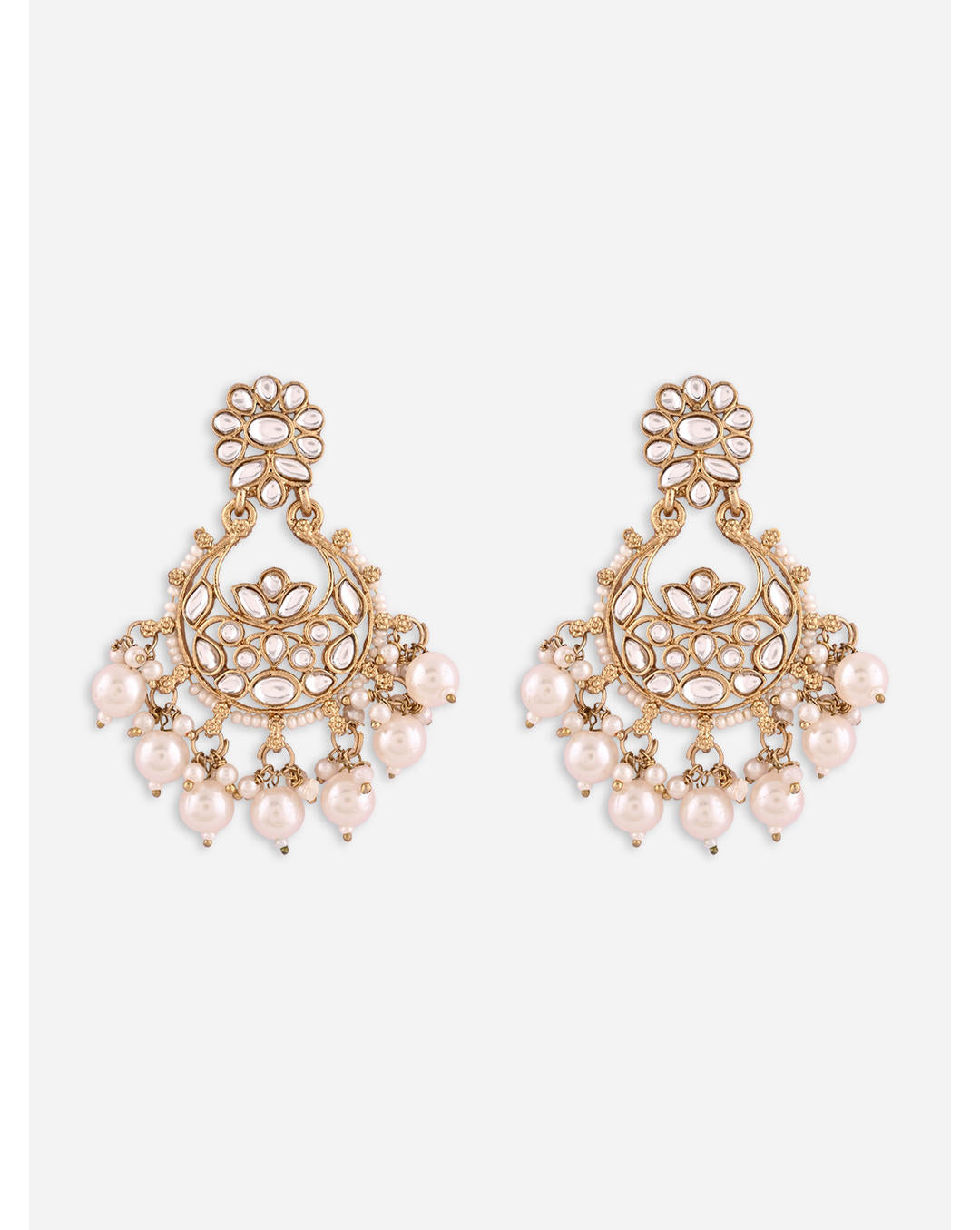 Ivory Kundan Chandbali Earrings with white kundan stones and ivory pearl drops on gold plated base, handcrafted ethnic wedding jewellery