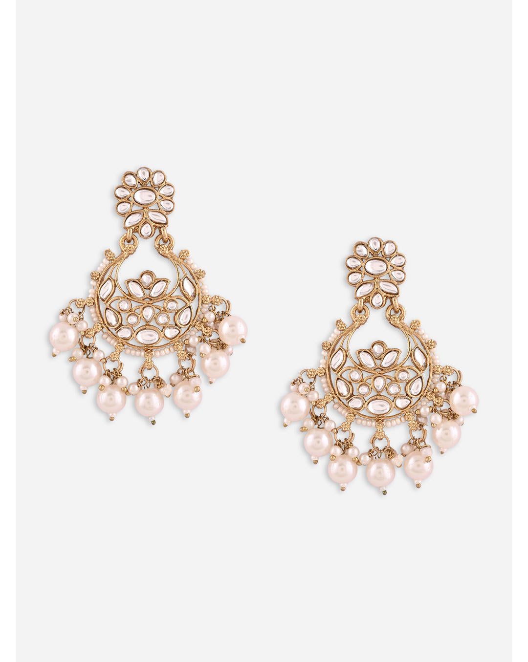 Ivory Kundan Chandbali Earrings with white kundan stones and ivory pearl drops on gold plated base, handcrafted ethnic wedding jewellery