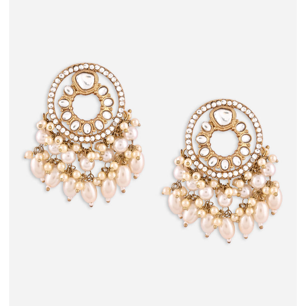 A pair of Radiant Kundan Round Drop Earrings with intricate kundan stonework and lustrous white pearls