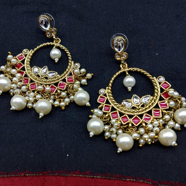 Vermilion Round Chandbali Earrings with red enamel accents, kundan stones and pearl drops, handcrafted traditional Indian ethnic jewellery.