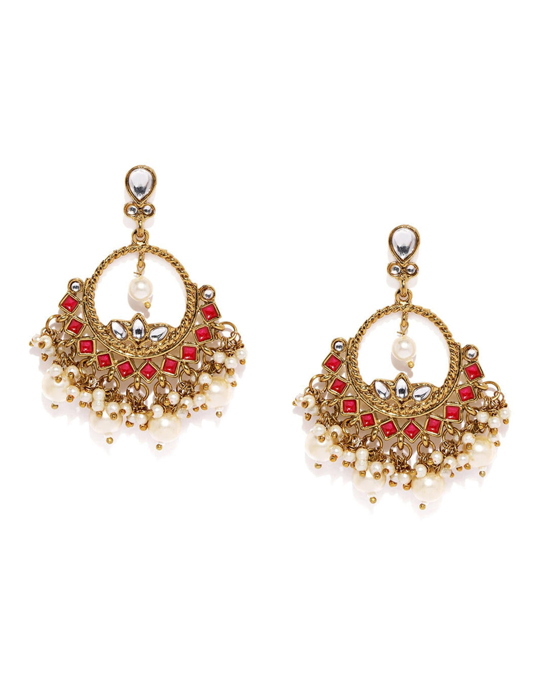 Vermilion Round Chandbali Earrings with red enamel accents, kundan stones and pearl drops, handcrafted traditional Indian ethnic jewellery with white background
