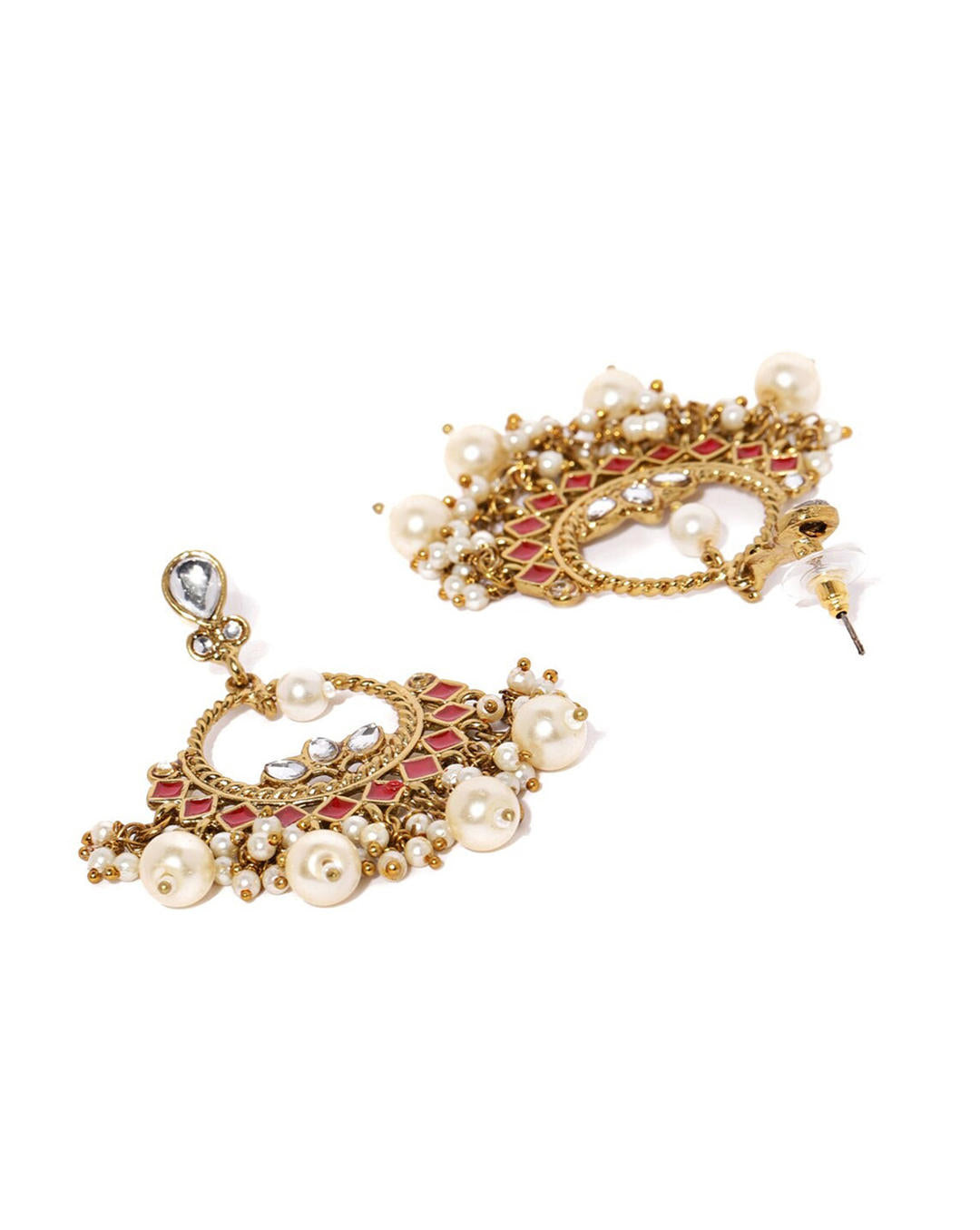 Vermilion Round Chandbali Earrings with red enamel accents, kundan stones and pearl drops, handcrafted traditional Indian ethnic jewellery side view