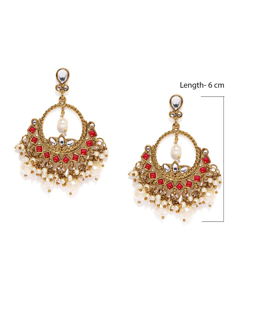 Vermilion Round Chandbali Earrings with red enamel accents, kundan stones and pearl drops, handcrafted traditional Indian ethnic jewellery dimension