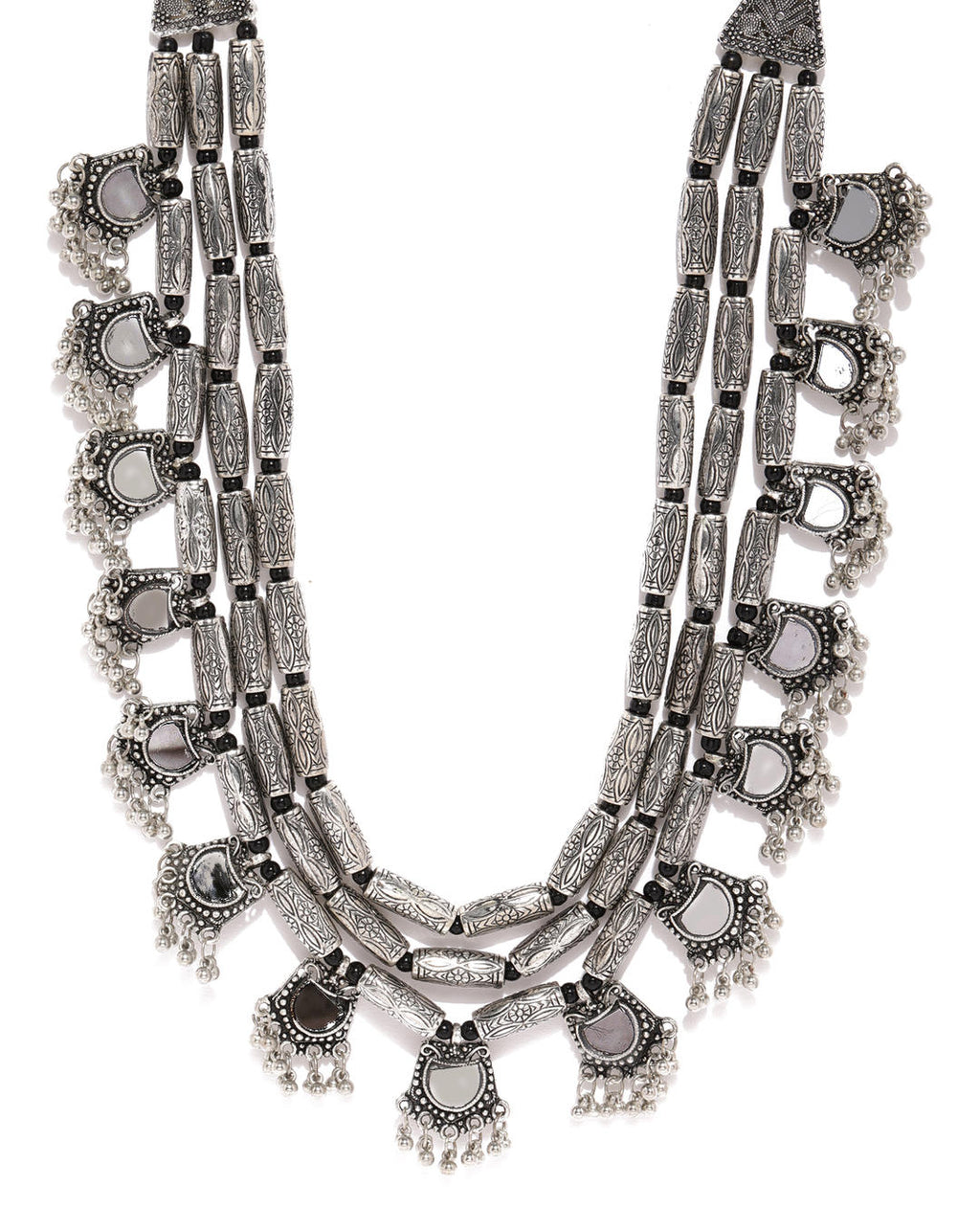 a multistrand long necklace with silver floral drops and intricate mirror work close-up