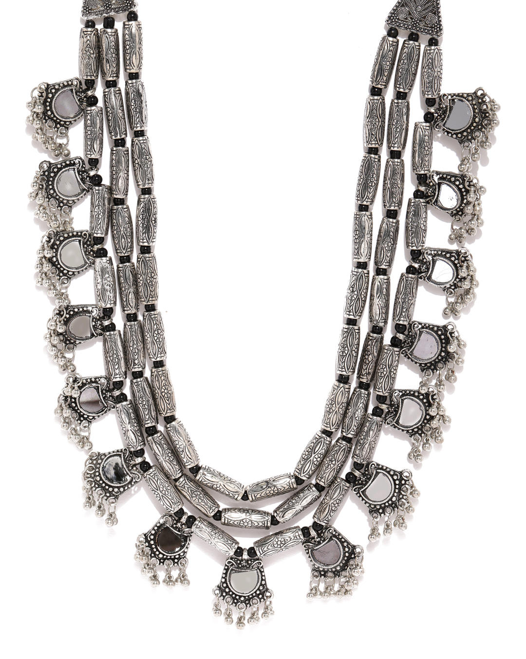 a multistrand long necklace with silver floral drops and intricate mirror work close-up