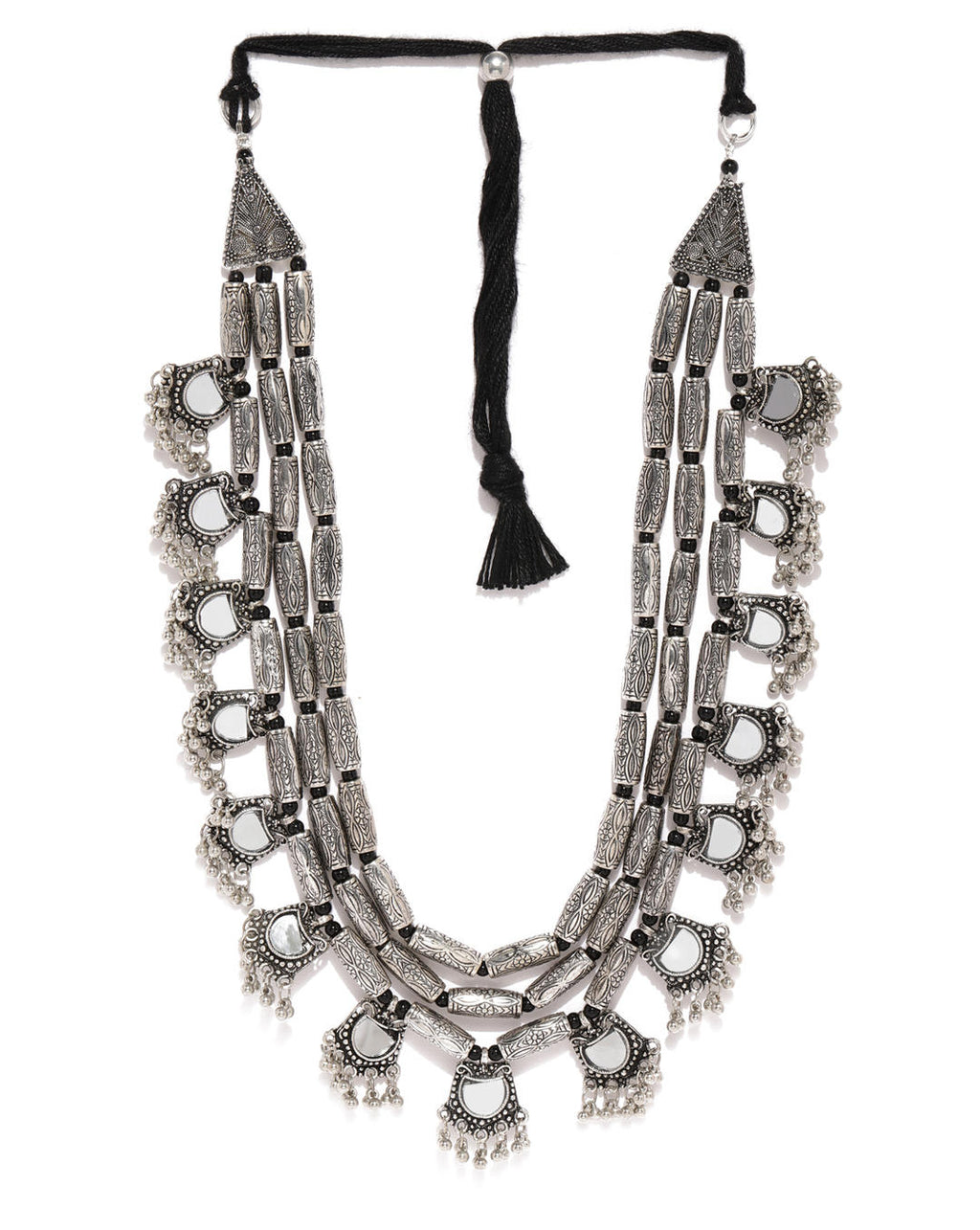 a multistrand long necklace with silver floral drops and intricate mirror work
