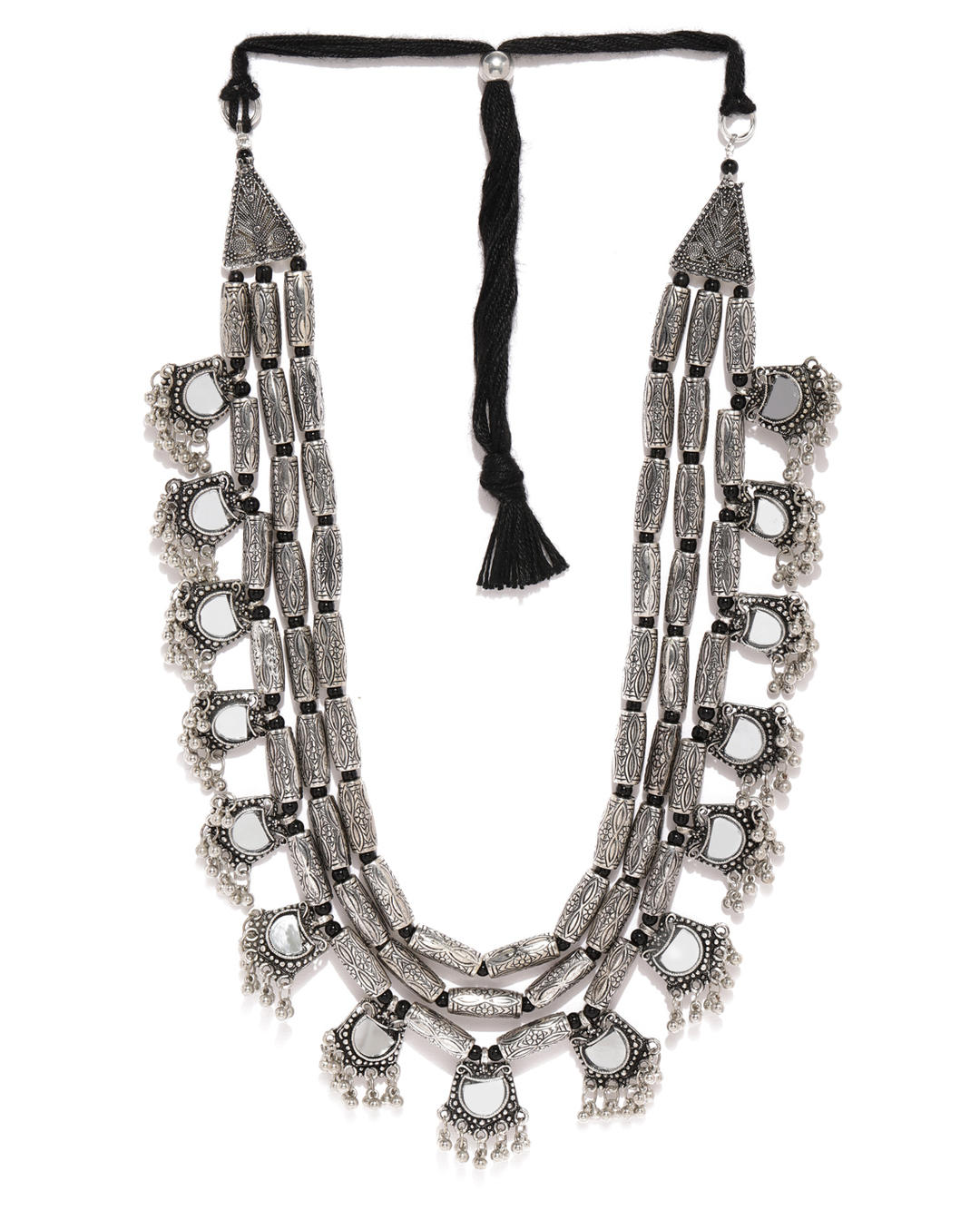 a multistrand long necklace with silver floral drops and intricate mirror work