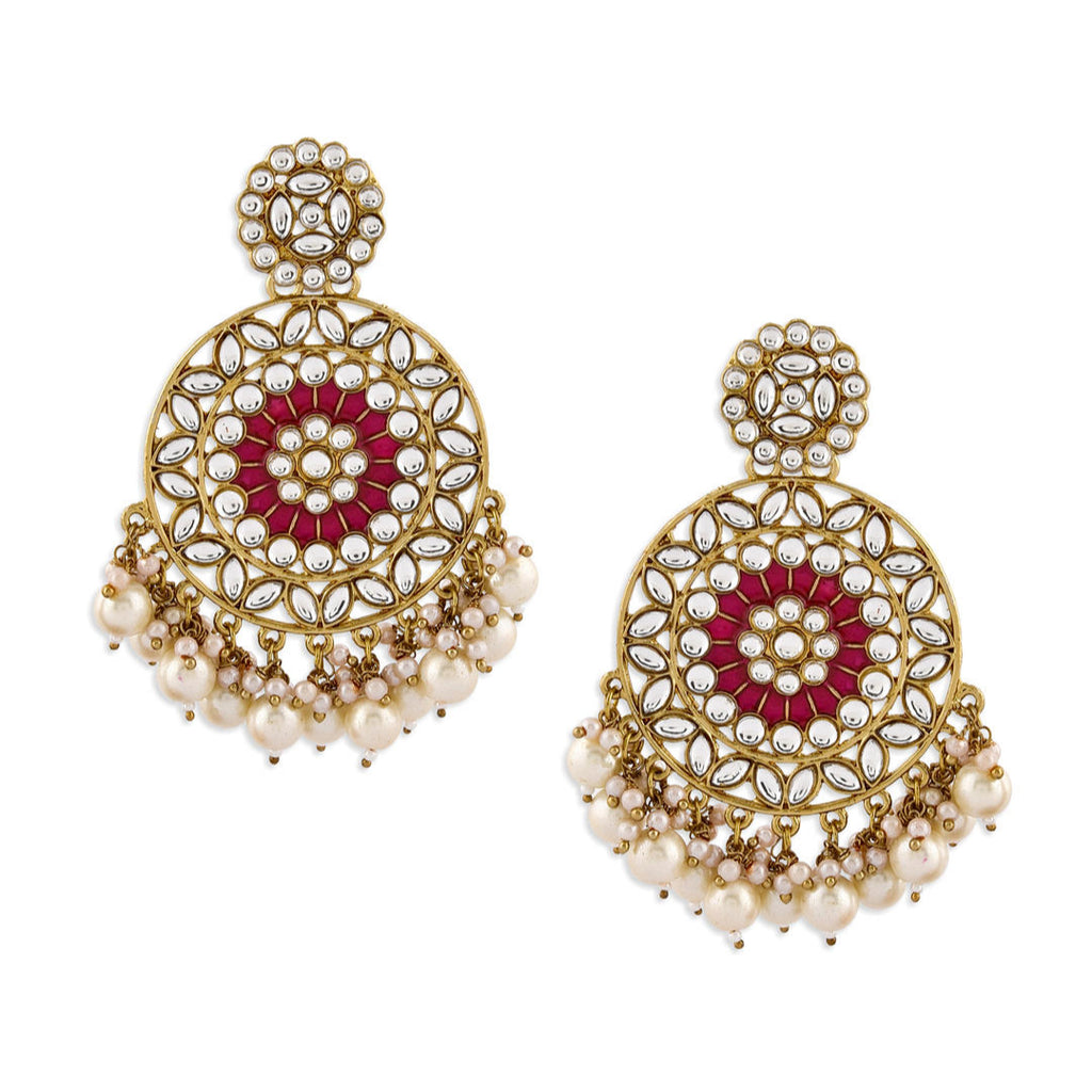 A pair of gold-plated earrings with fuchsia enamel and white pearl embellishments
