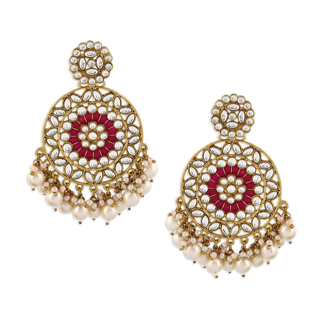 A pair of gold-plated earrings with fuchsia enamel and white pearl embellishments
