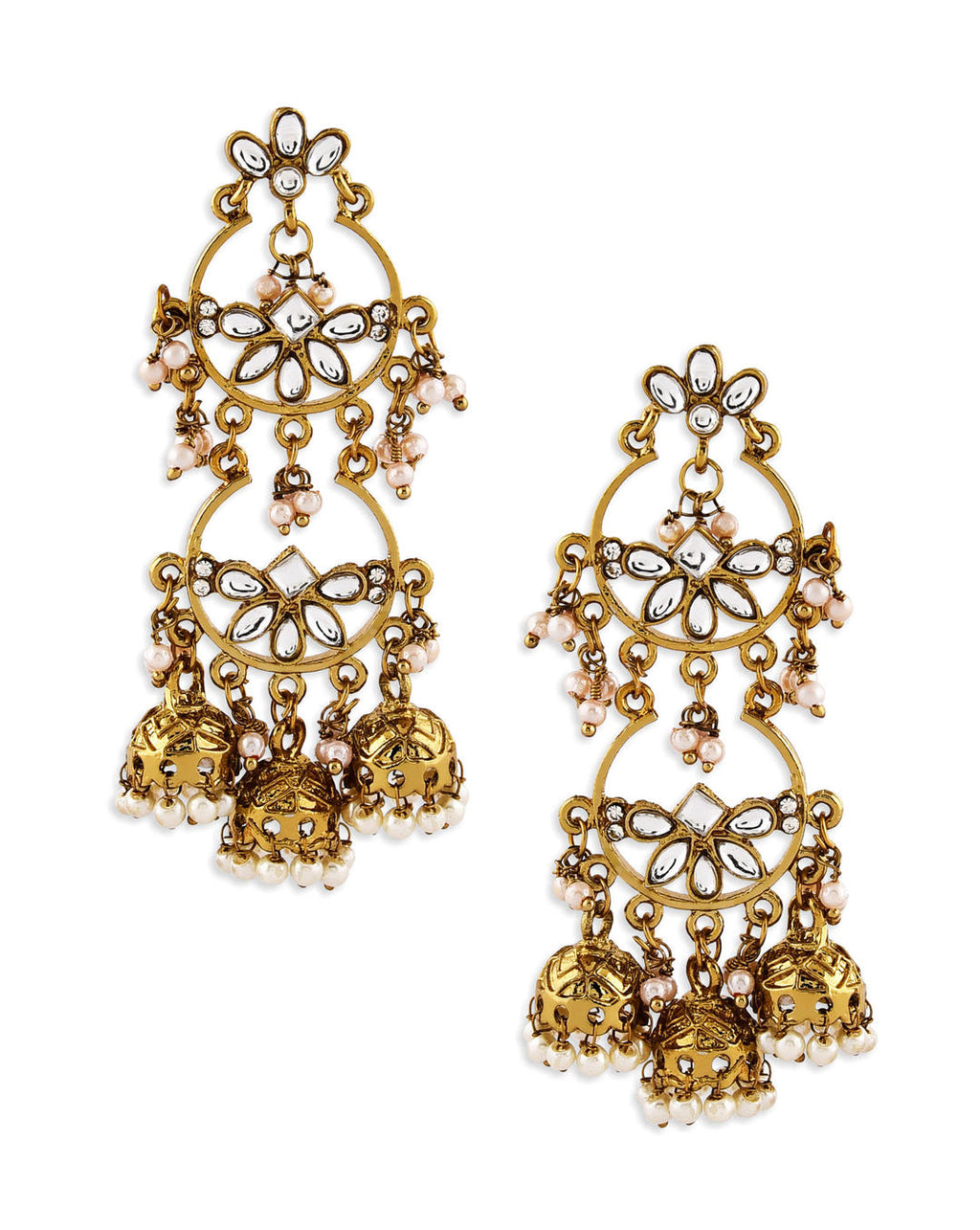 Fida Kundan Grace Floral Gold Danglers with jhumka drops and kundan stones, handcrafted Indian wedding earrings