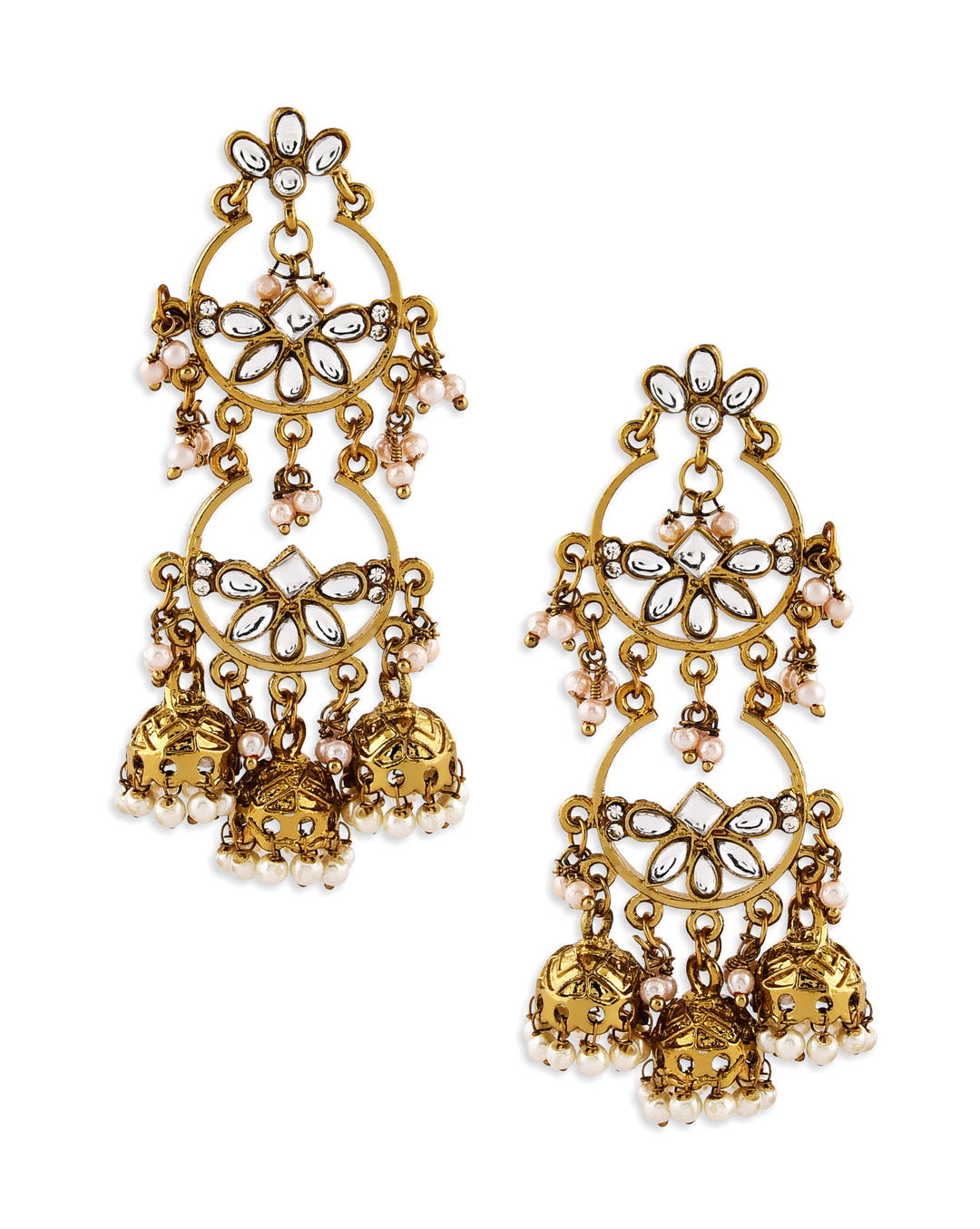 Fida Kundan Grace Floral Gold Danglers with jhumka drops and kundan stones, handcrafted Indian wedding earrings