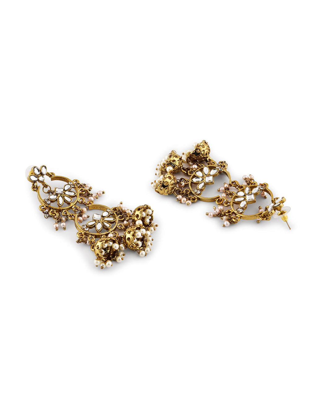 Fida Kundan Grace Floral Gold Danglers with jhumka drops and kundan stones, handcrafted Indian wedding earrings