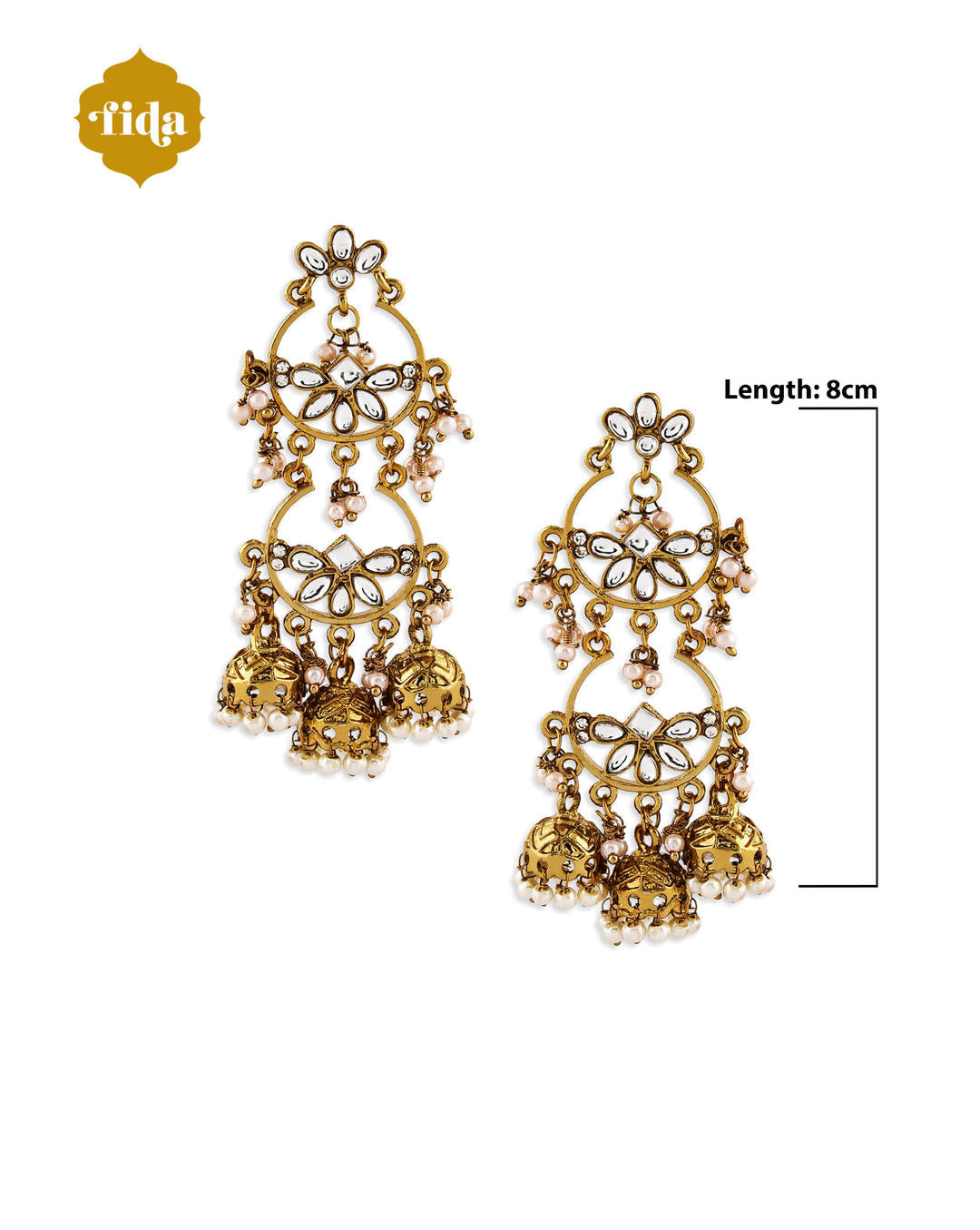 Fida Kundan Grace Floral Gold Danglers with jhumka drops and kundan stones, handcrafted Indian wedding earrings the length is 8 cm