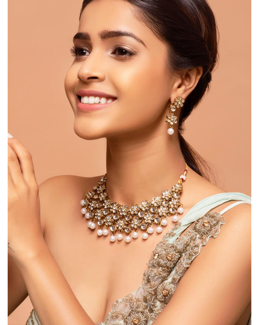 Gold-toned kundan floral choker necklace set with pearl bead drops and matching earrings – traditional wedding jewellery