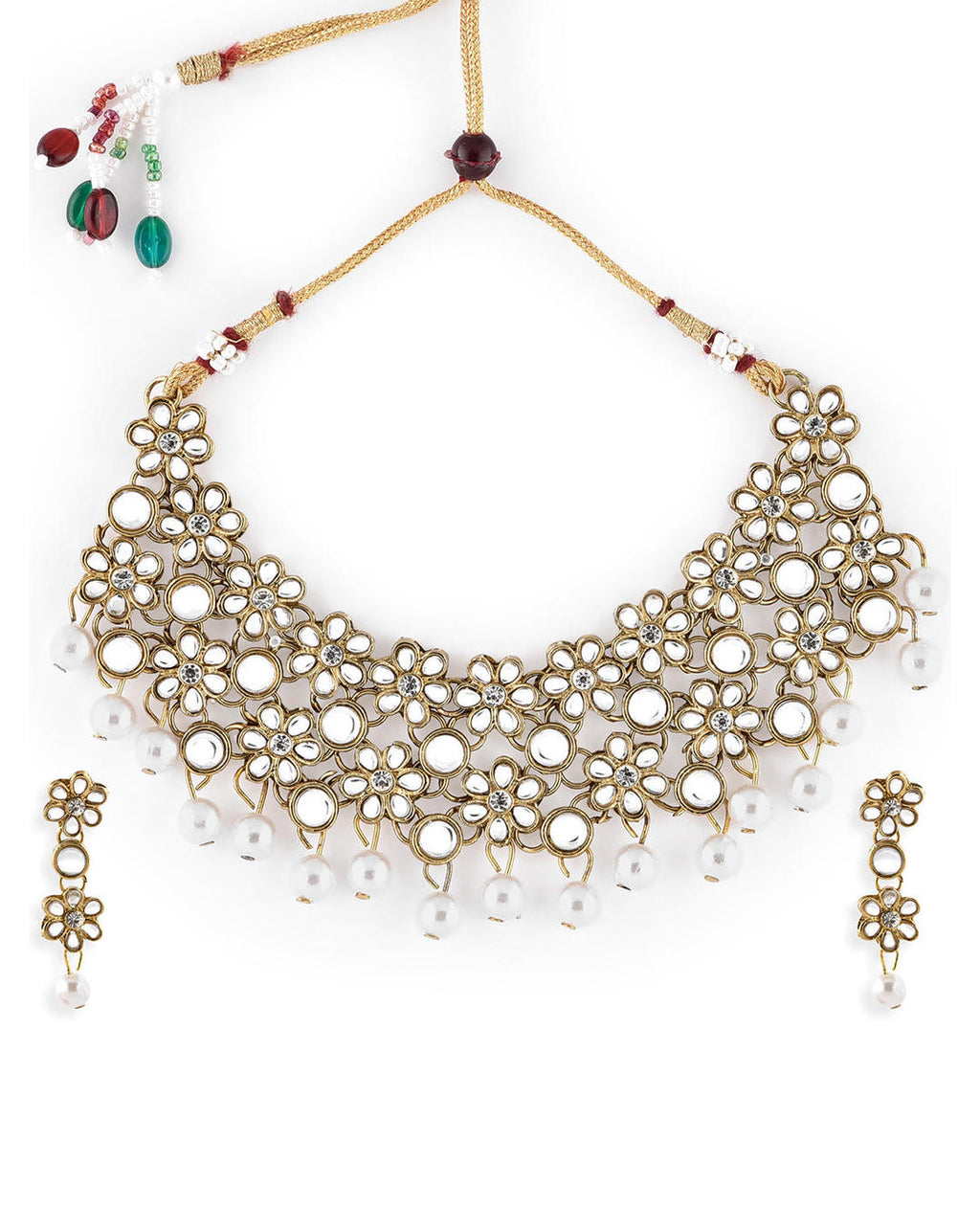 Gold-toned kundan floral choker necklace set with pearl bead drops and matching earrings – traditional wedding jewellery product cloeup