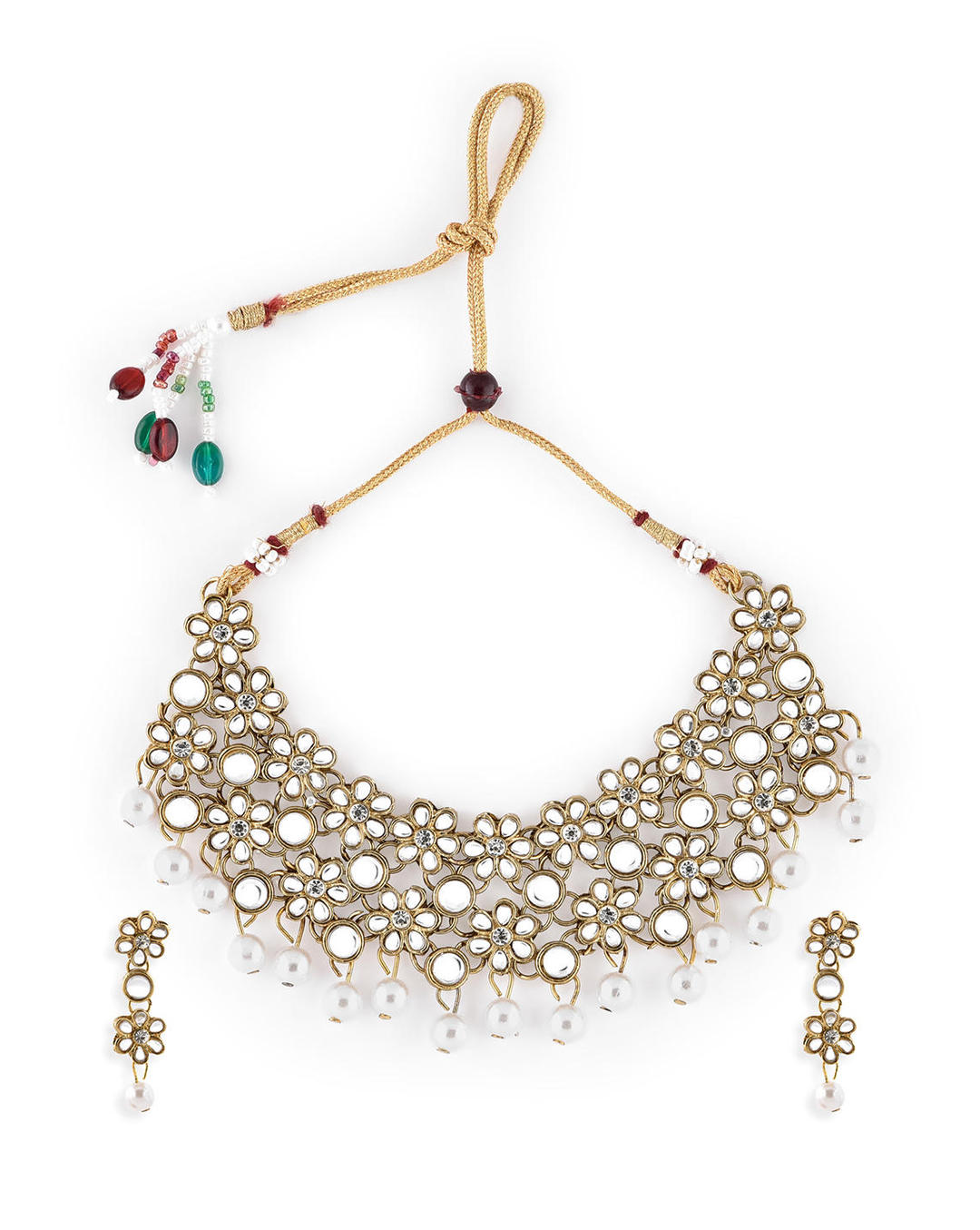 Gold-toned kundan floral choker necklace set with pearl bead drops and matching earrings – traditional wedding jewellery