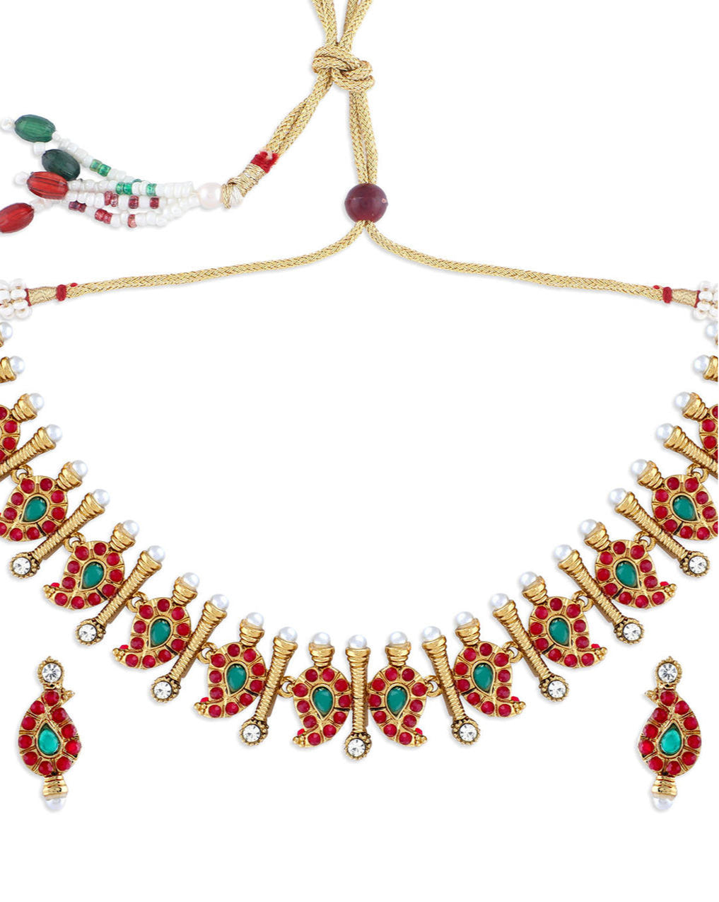 A gold plated temple jewellery set consisting of a necklace and chandbali earrings, adorned with multicolored stones and pearls.
