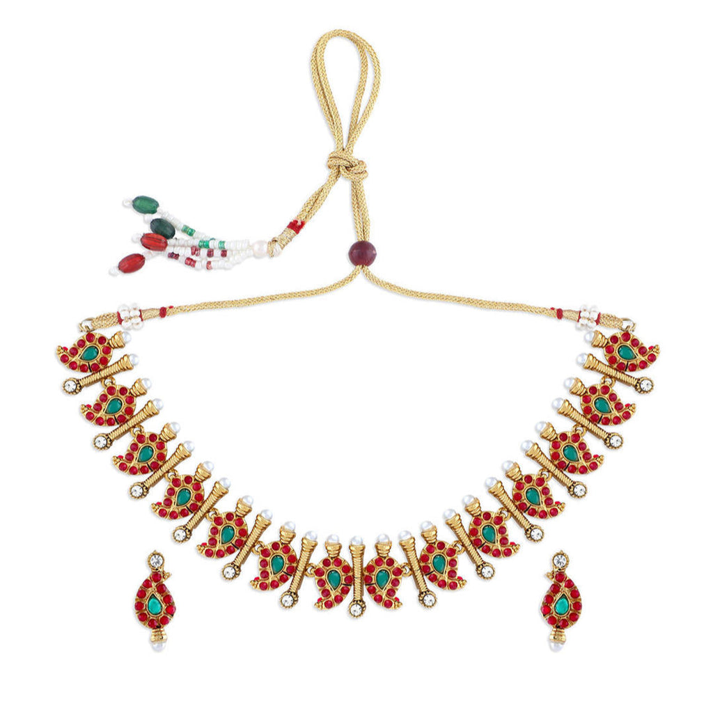 A gold plated temple jewellery set consisting of a necklace and chandbali earrings, adorned with multicolored stones and pearls.