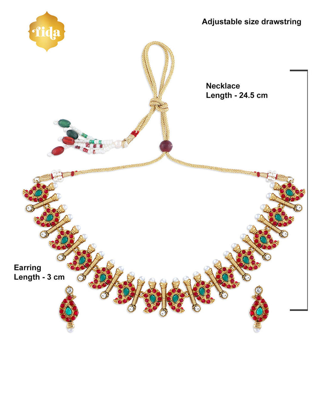 A gold plated temple jewellery set consisting of a necklace and chandbali earrings, adorned with multicolored stones and pearls dimension.