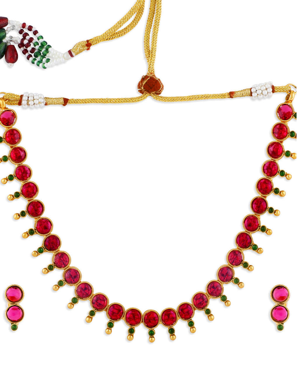 A gold-plated jewellery set with a necklace and a pair of earrings, featuring red and green embellishments closeup