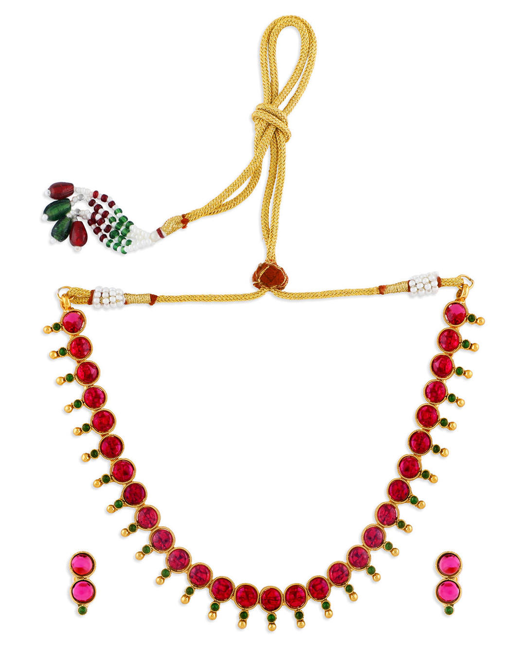A gold-plated jewellery set with a necklace and a pair of earrings, featuring red and green embellishments