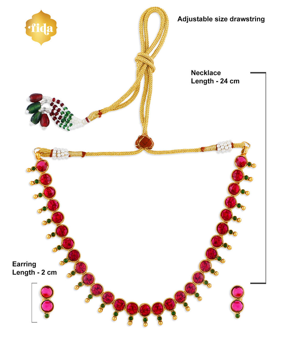 A gold-plated jewellery set with a necklace and a pair of earrings, featuring red and green embellishments dimension