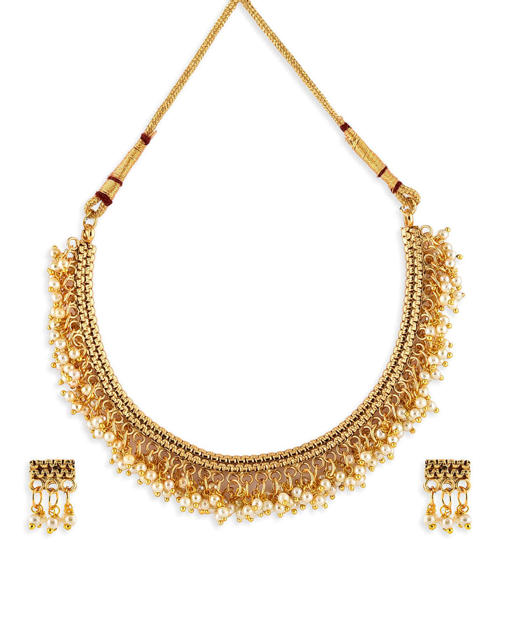 a gold-plated necklace with white beads, along with matching earrings, showcasing a piece of temple jewellery.