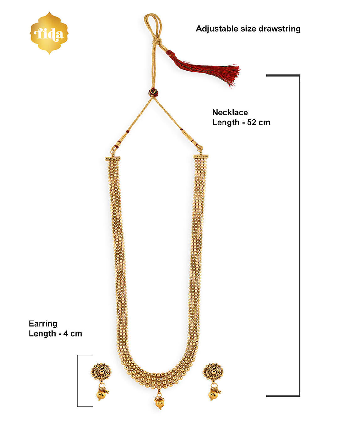 old-plated metal beaded statement jewellery set, including earrings and a necklace dimension