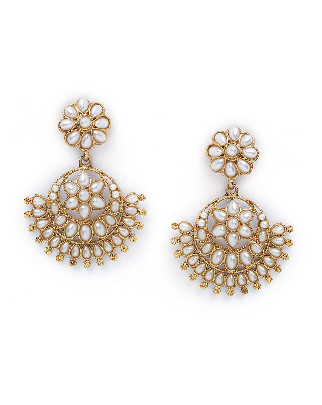 Pearl Bloom Floral White Chandbali Earrings with gold-tone floral motifs and pearl drops, handcrafted ethnic wedding jewellery