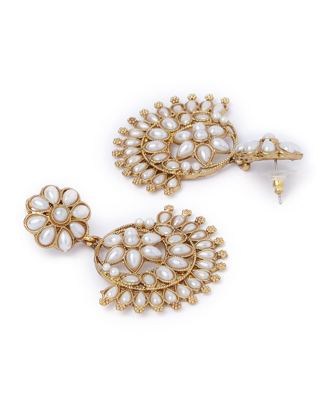 Pearl Bloom Floral White Chandbali Earrings with gold-tone floral motifs and pearl drops, handcrafted ethnic wedding jewellery