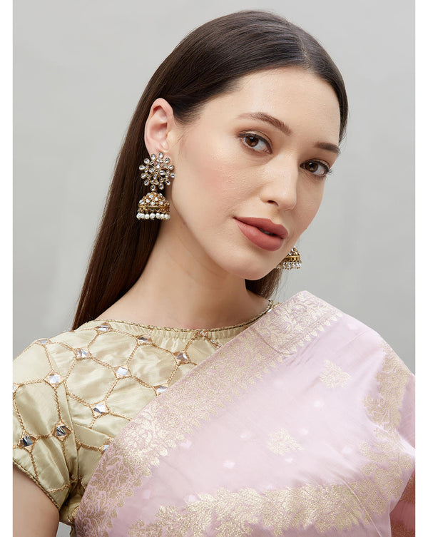 model wearing Gold-toned kundan floral chandbali earrings with intricate motifs and pearl bead drops – traditional wedding jewellery