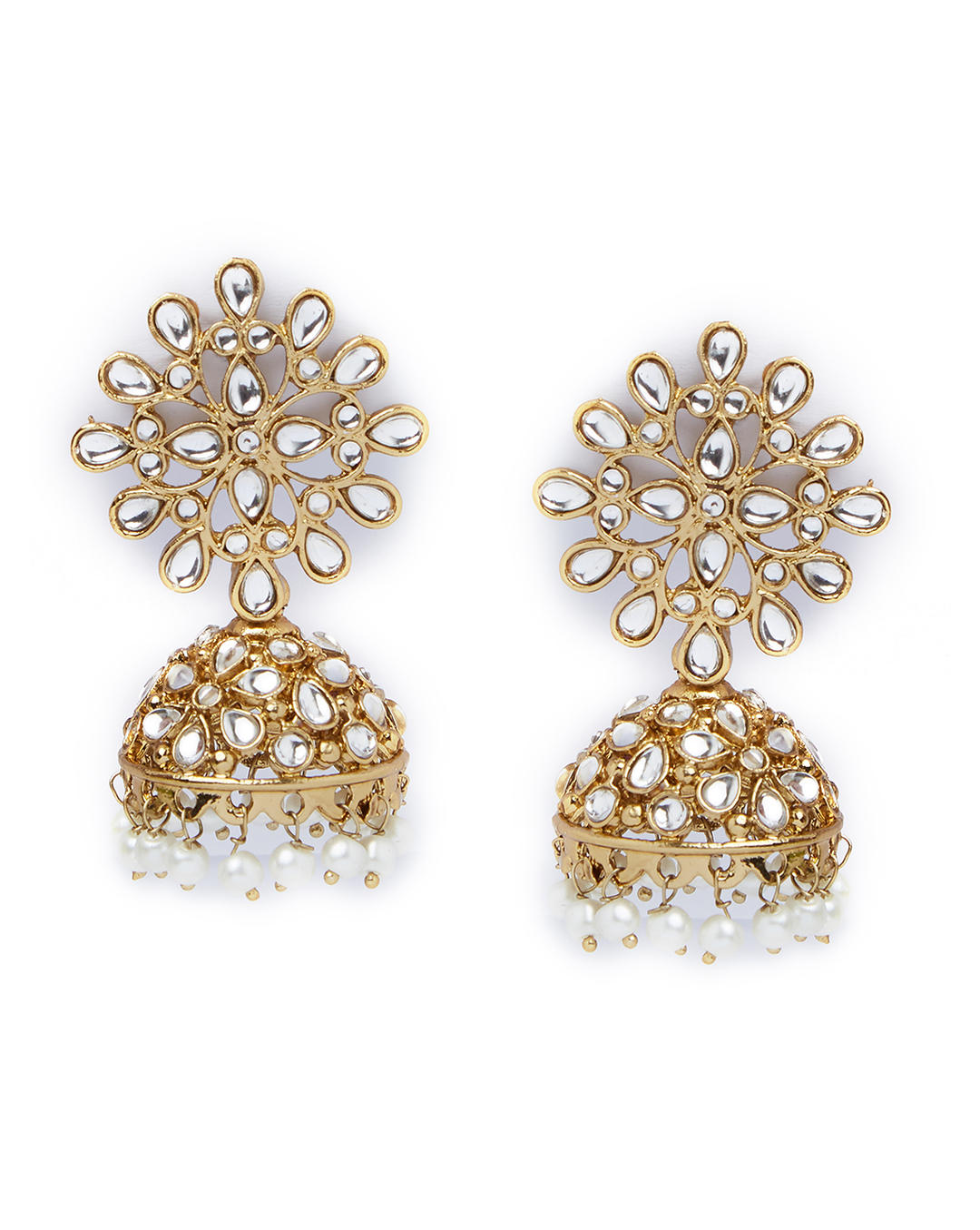 Gold-toned kundan floral chandbali earrings with intricate motifs and pearl bead drops – traditional wedding jewellery