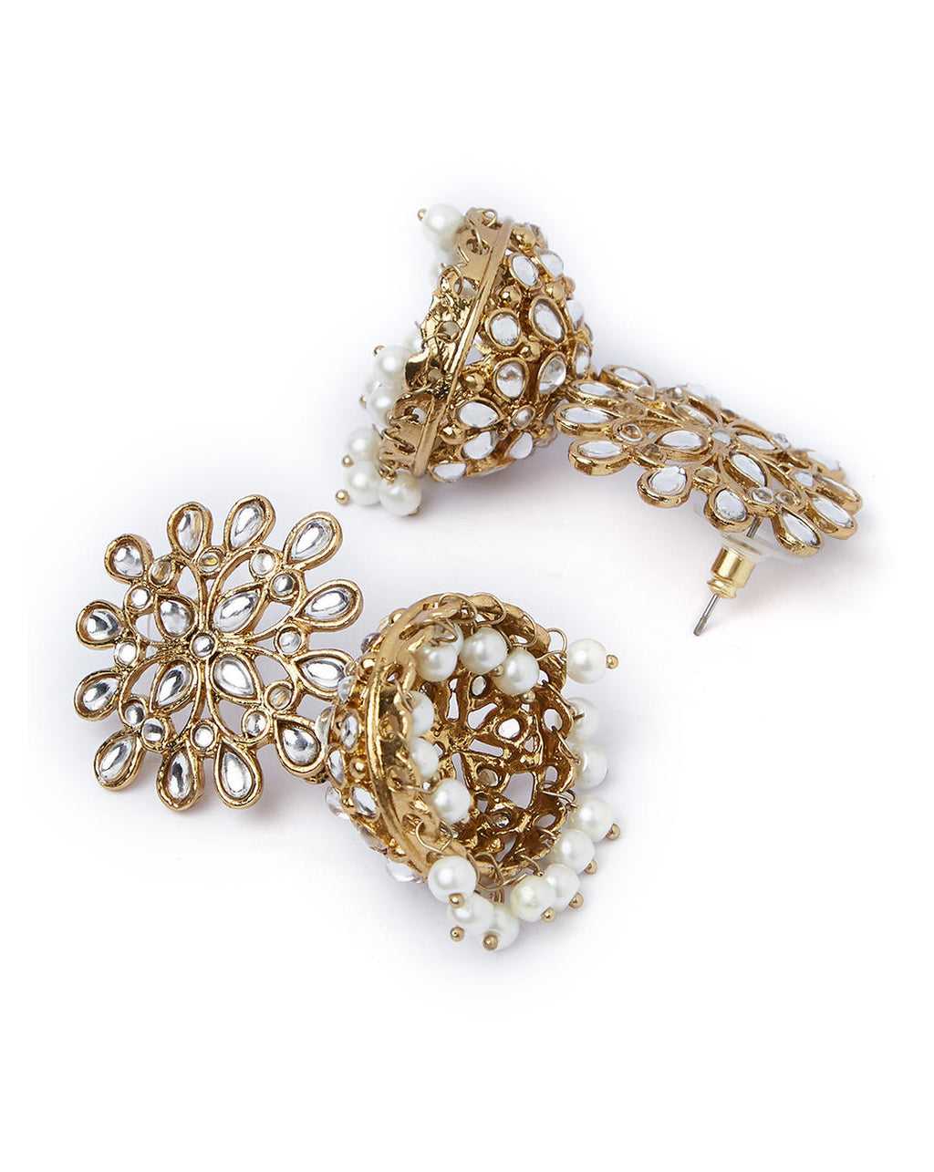 Gold-toned kundan floral chandbali earrings with intricate motifs and pearl bead drops – traditional wedding jewellery