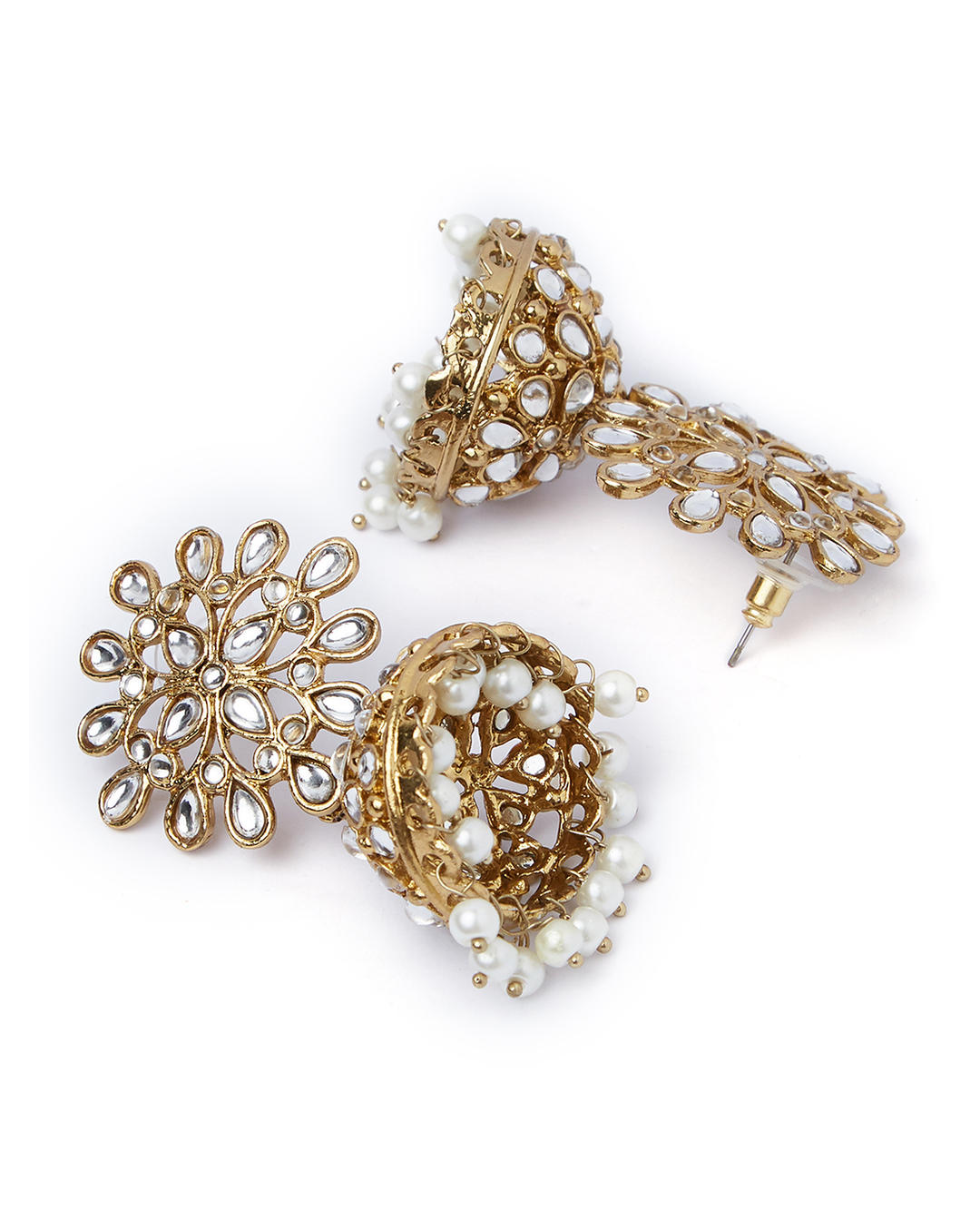 Gold-toned kundan floral chandbali earrings with intricate motifs and pearl bead drops – traditional wedding jewellery