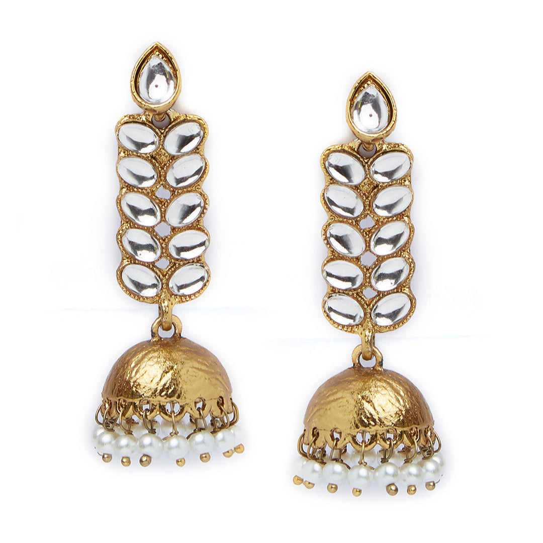 Gold plated jhumka earrings with kundan stone embellishments and a leaf design