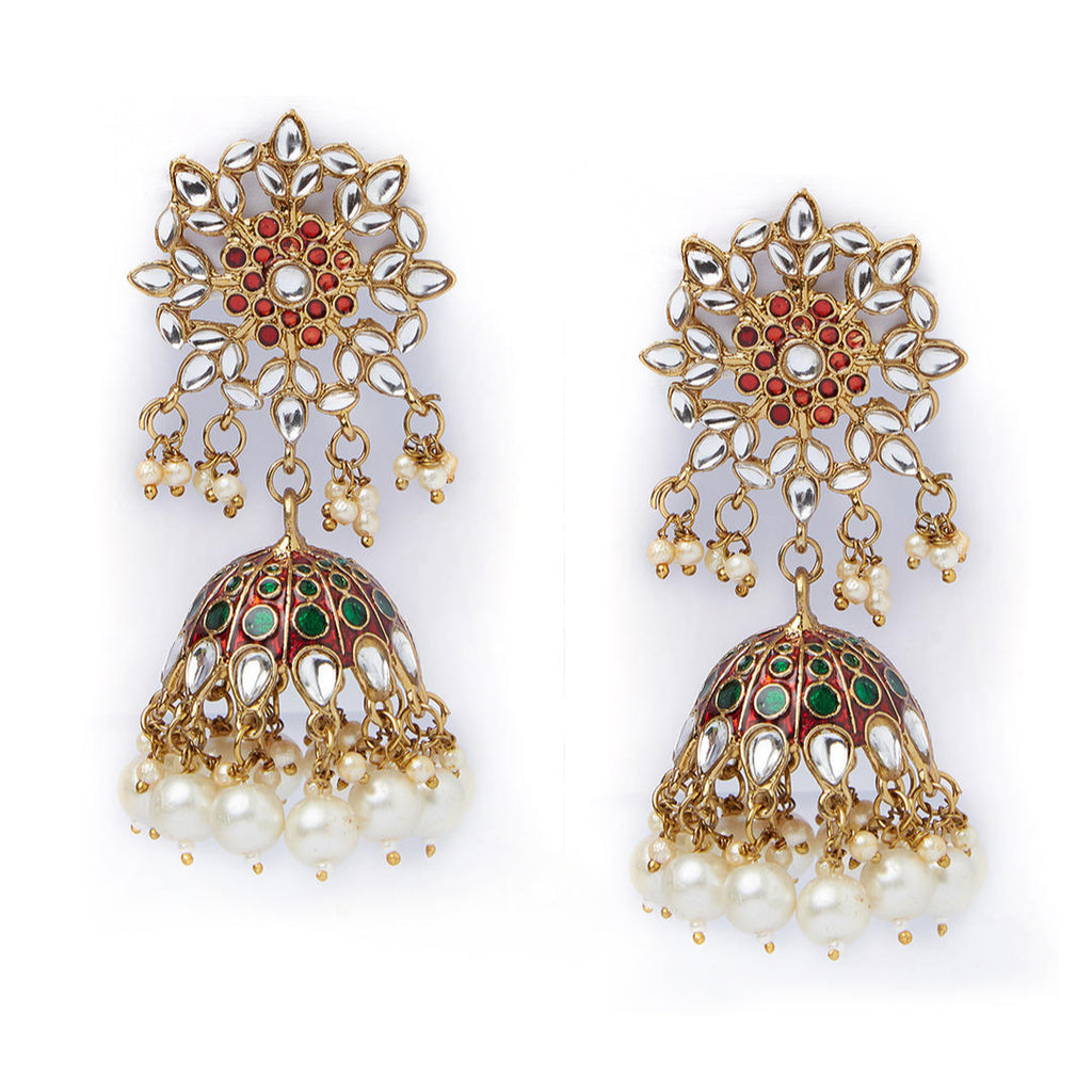 Gold plated enameled jhumka earrings with maroon kundan stones and pearl embellishments