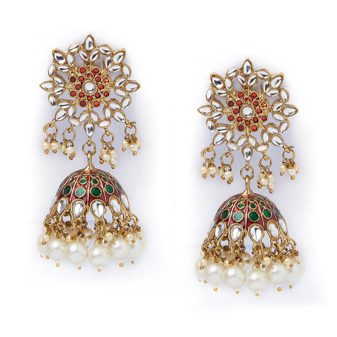 Gold plated enameled jhumka earrings with maroon kundan stones and pearl embellishments