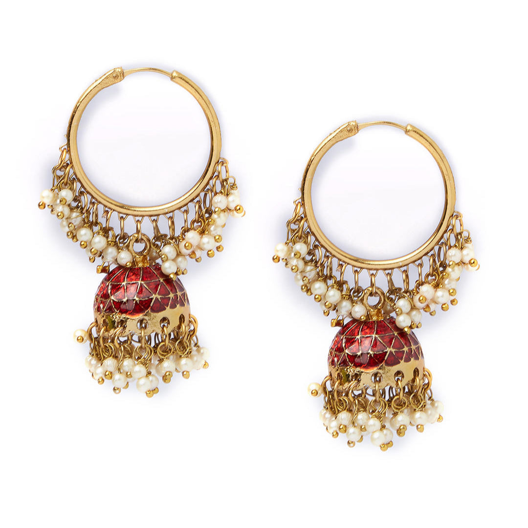 A pair of gold-plated hoop jhumka earrings with red enamel and white beads embellishments