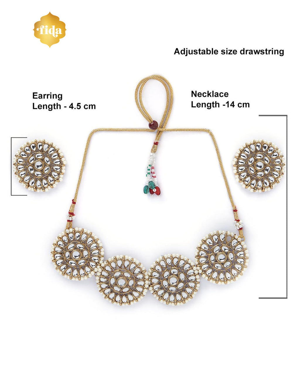 gold-plated choker necklace and matching earrings embellished with kundan stones dimension