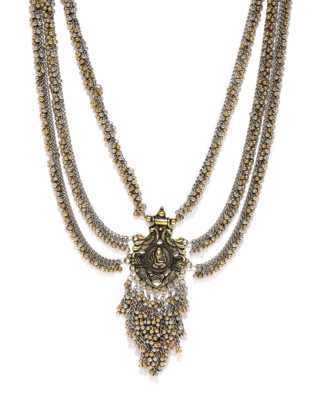 multistrand long necklace with a Ganesh pendant.