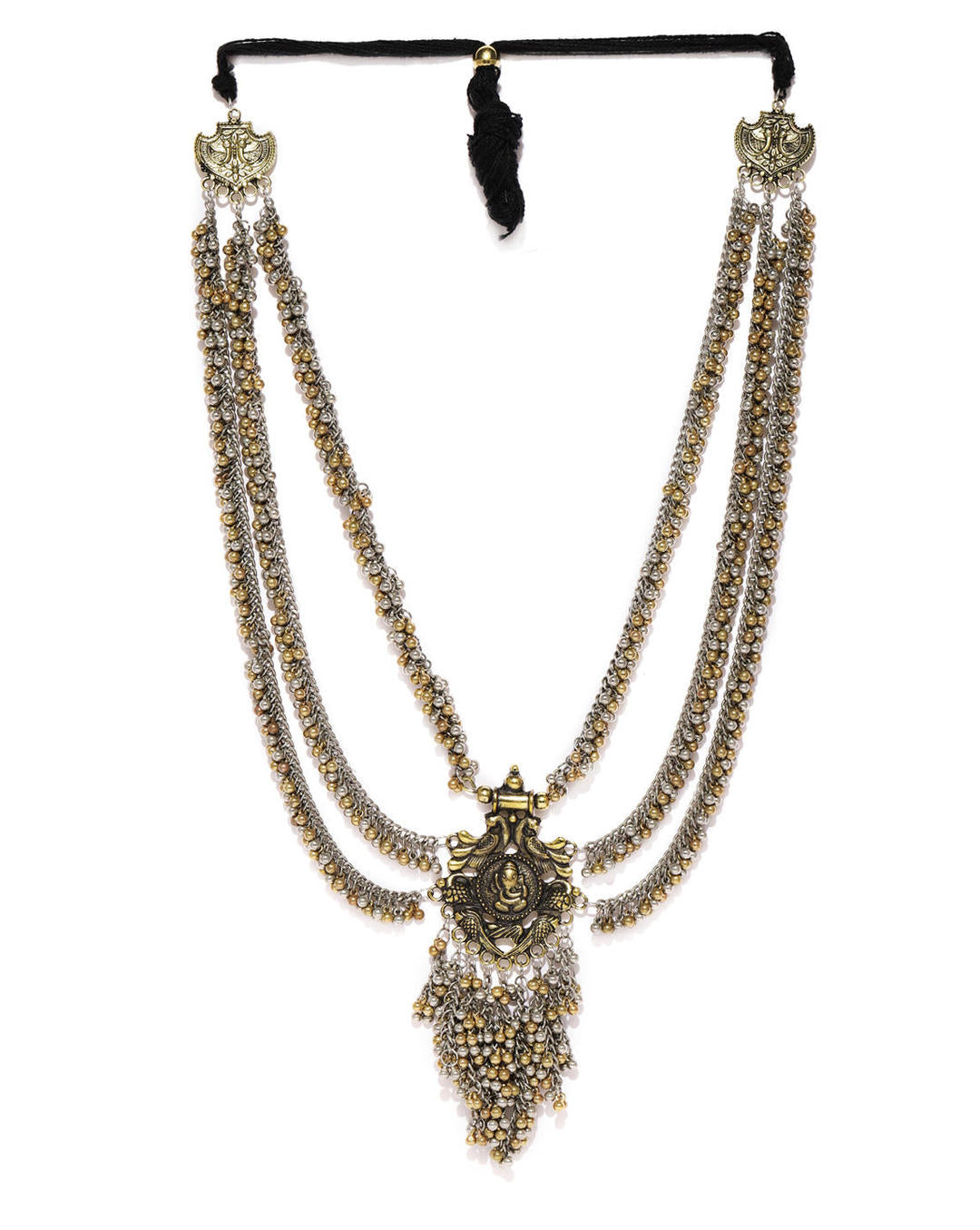 multistrand long necklace with a Ganesh pendant.