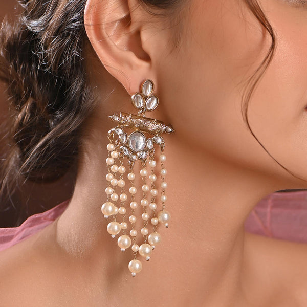 Model wearing Kundan Cascade Chandbali Earrings with pearl chain drops and white kundan stones, handcrafted Indian ethnic jewellery